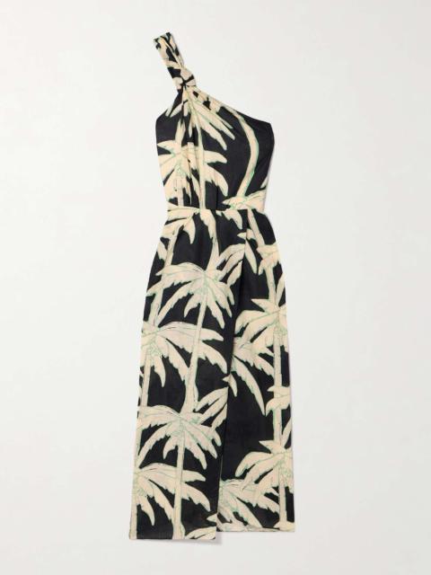 Dark Palms one-shoulder printed linen wrap-effect midi dress Black