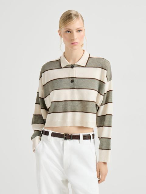 Virgin wool, cashmere and linen cropped knit polo with sparkling stripes
