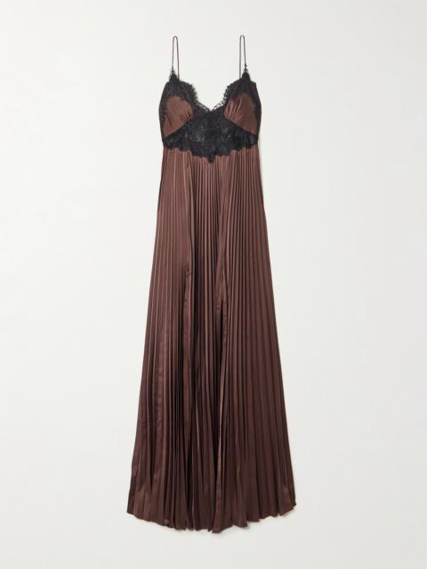 Lace-trimmed Plissé-satin Maxi Dress