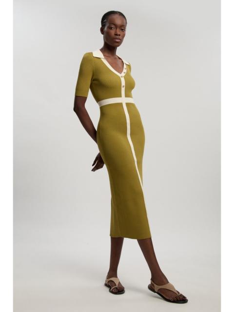 Knit Rib With Contrast Waist Detail Collared Short Sleeve Midi Dress