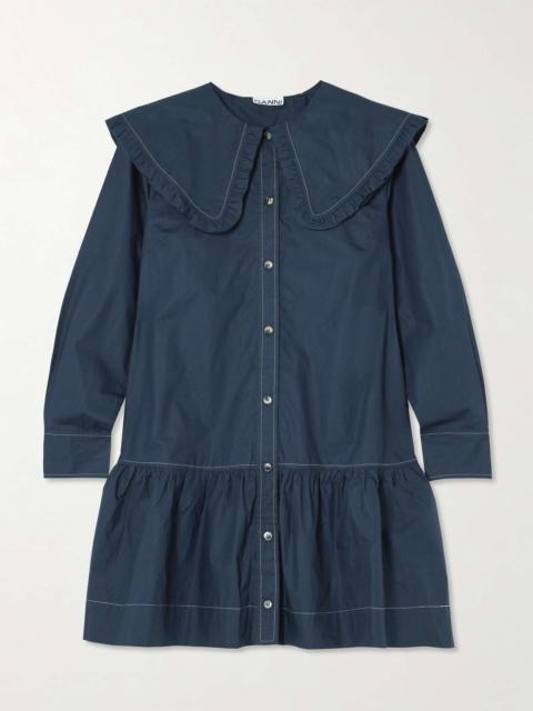 Ruffled organic cotton-poplin mini shirt dress Navy