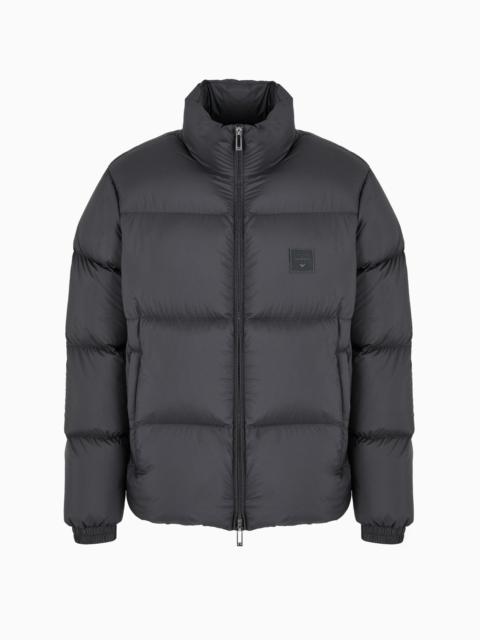 Nylon down jacket with full zip and rubberised logo patch