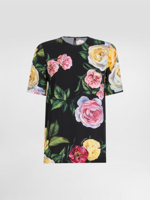 Silk charmeuse blouse with peony and rose print