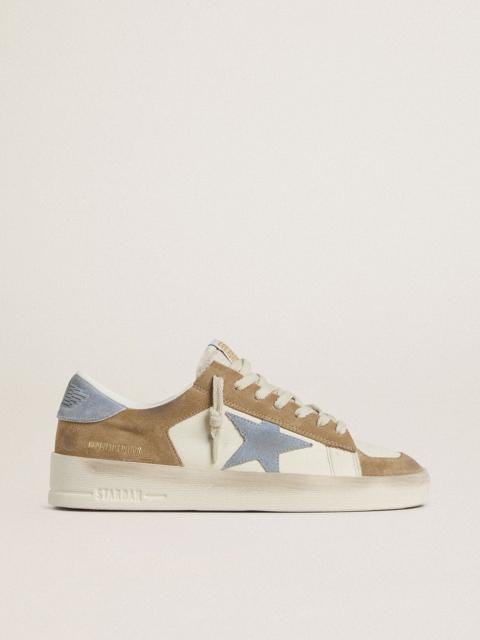 Stardan LTD in white leather and tobacco suede with light blue suede star and heel tab