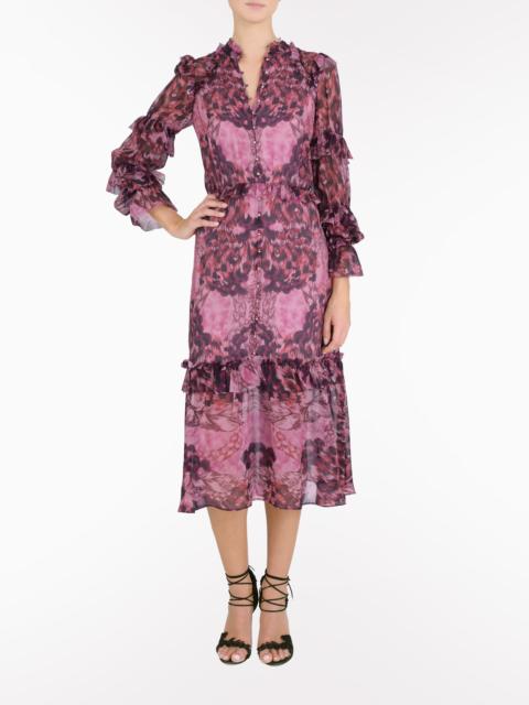BRAIDED LEOPARD FLOUNCED SILK CHIFFON MIDI DRESS