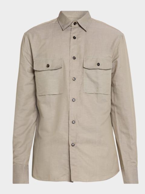 Men & apos;s Cotton and Linen Flap-Pocket Military Shirt