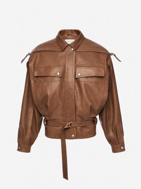 Oversized belted leather jacket in brown