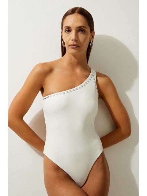 Stud Detail One Shoulder Swimsuit