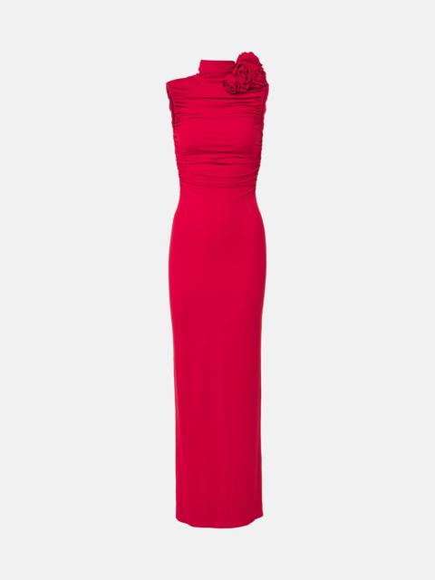 Floral-appliqué ruched jersey gown