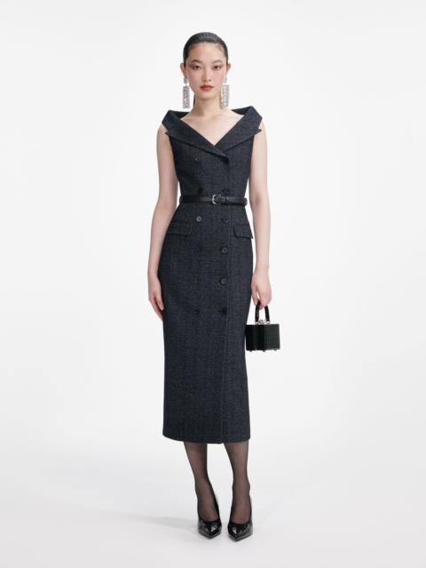 Navy Herringbone Wool Midi Dress
