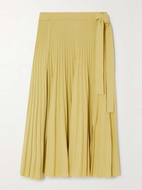 Wrap-effect pleated wool-blend midi skirt