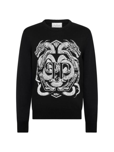 graphic-embroidered round-neck sweater