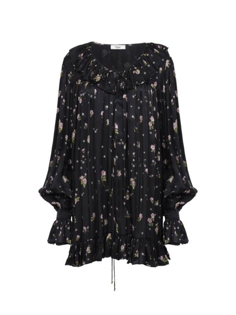 GATHERED LONG-SLEEVE MINI DRESS IN SILK CHARMEUSE