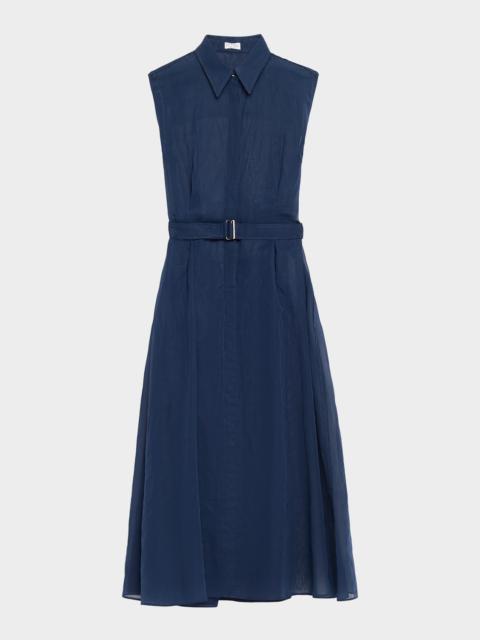 Sleeveless Sheer Cotton Organza Belted Midi Shirtdress