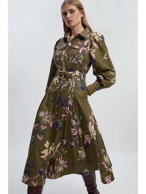 Floral Print Cotton Sateen Woven Midi Shirt Dress