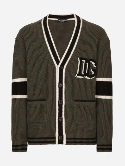 Wool fisherman’s rib-knit cardigan with DG logo patch
