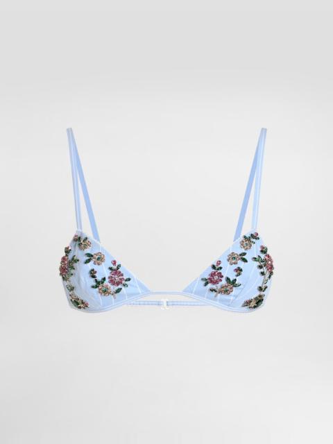 Striped poplin bra with embroidery