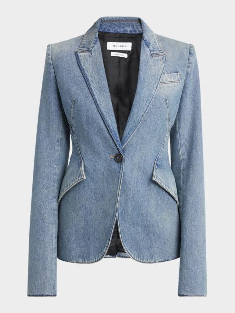 Light-Wash Denim Single-Breasted Blazer
