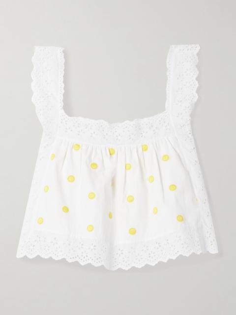 Fiocchini Broderie Anglaise-trimmed Polka-dot Cotton-poplin Top