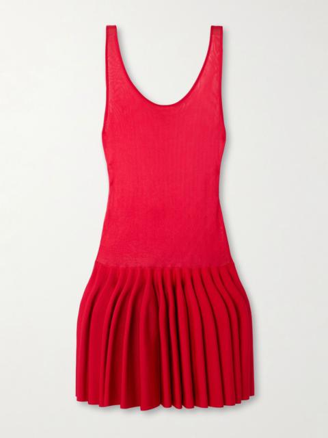 Pleated jersey and stretch-knit mini dress Red