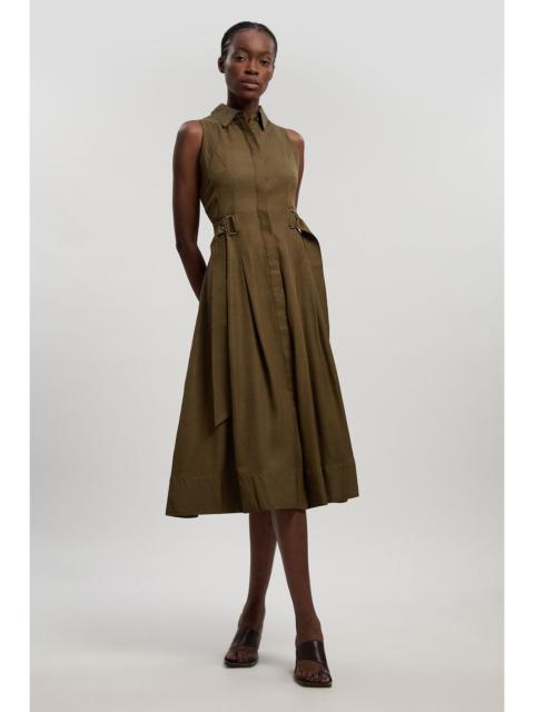 Premium Viscose Linen Topstitch Halter Neck Woven Midi Dress With D Ring Detail
