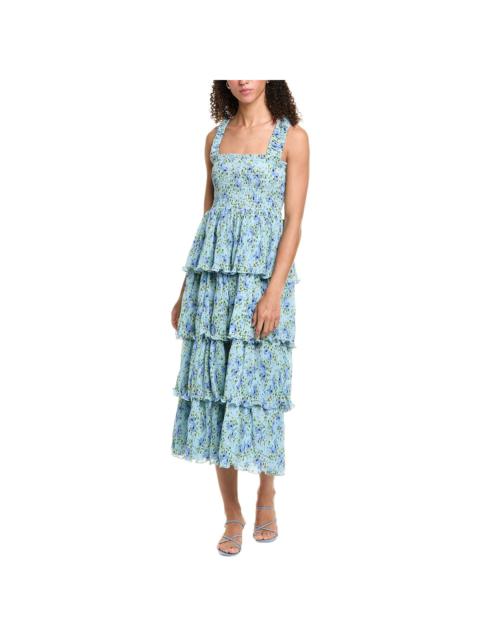 GANNI Pleated Georgette Flounce Smocked Midi Dress