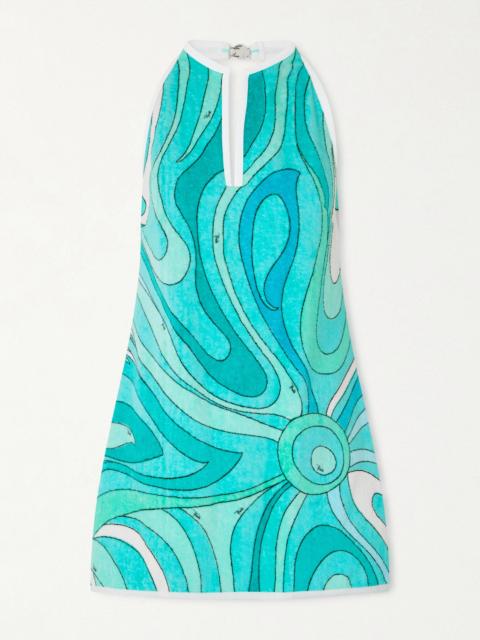 Printed Cotton-terry Halterneck Mini Dress