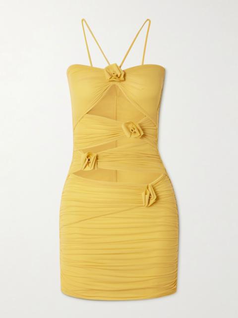 Coari appliquéd ruched cutout stretch-jersey halterneck mini dress Yellow