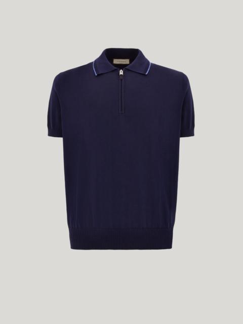 BLUE GIZA COTTON POLO SHIRT WITH ZIPPER AND CONTRASTING PIPING