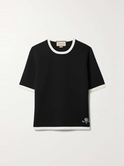 Two-tone embroidered wool-piqué top