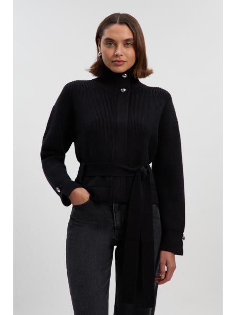 Cable Knit Belted Funnel Neck Jacket