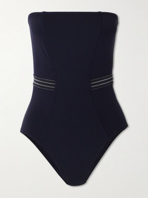 Evening Pétillant strapless metallic striped grosgrain-trimmed swimsuit Black