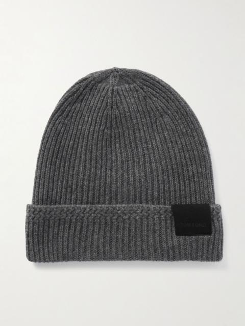Logo-Appliquéd Ribbed Cashmere Beanie Gray