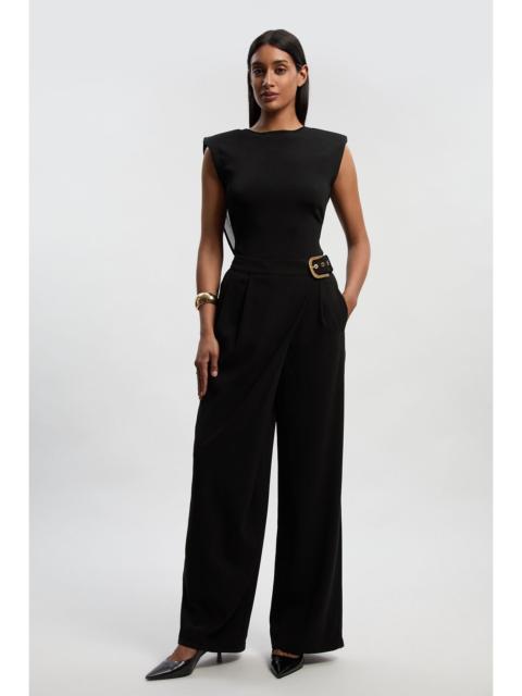 Tailored Crepe Asymmetric Buckle Detail Wide Leg Trouser