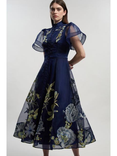 Petite Botanical Embroidery Organdie Angel Sleeve Midi Dress