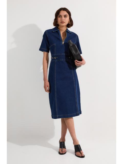 Stretch Denim Snaffle Trim Collared Midi Dress
