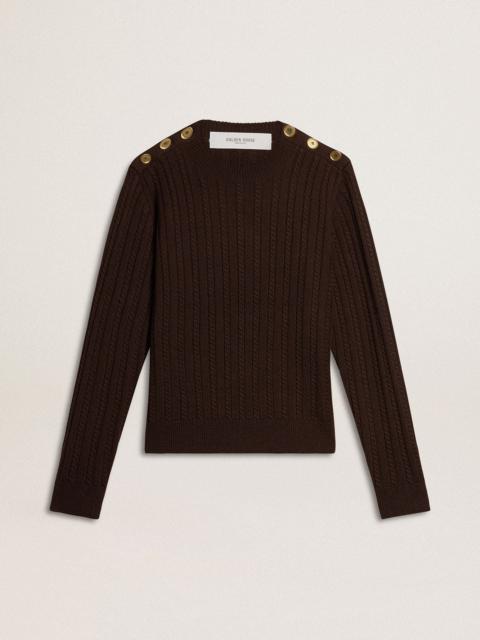 Women's crew-neck sweater in wool blend with gold buttons