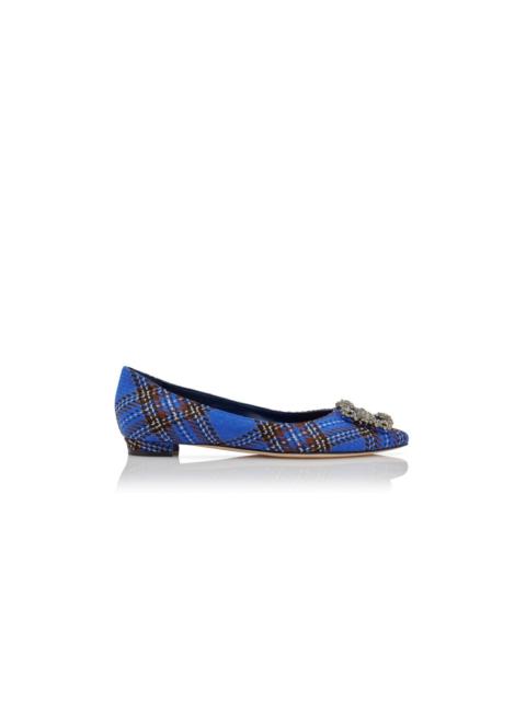 Blue Wool Tartan Jewel Buckle Flat Pumps