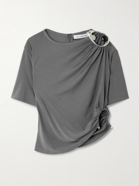 Orica Cropped Asymmetric Embellished Ruched Jersey T-shirt