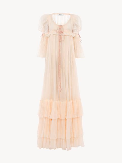 OVERSIZED LONG RUFFLED DRESS IN SILK MOUSSELINE & LACE
