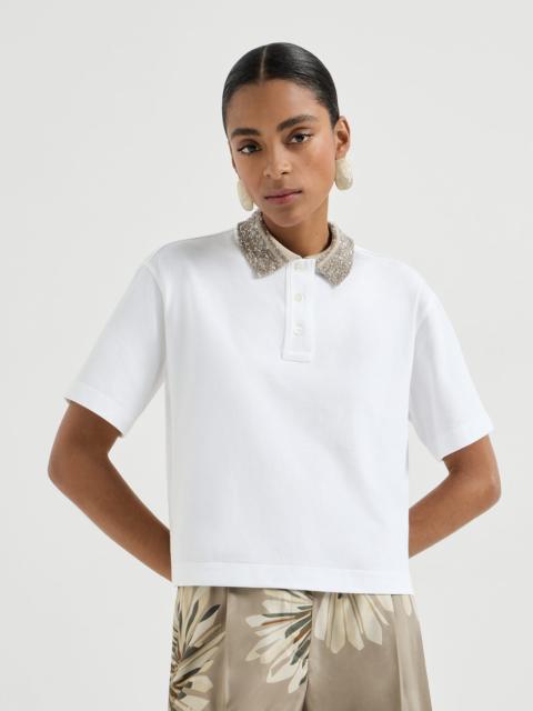 Cotton jersey polo shirt with dazzling knit collar