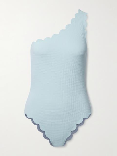 Santa Barbara Reversible One-shoulder Scalloped Seersucker Swimsuit