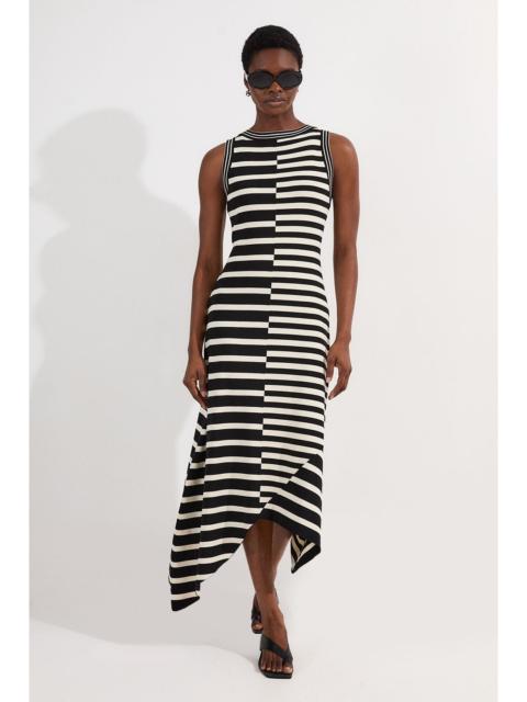Asymmetric Hem Cut About Stripe Sleeveless Knitted Midi Dress