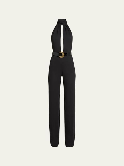 Stretch Sable Belted Halter Jumpsuit