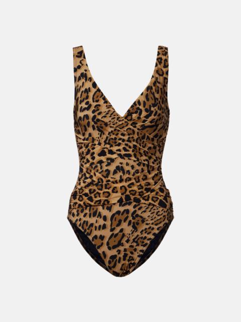 Leopard-print draped swimsuit