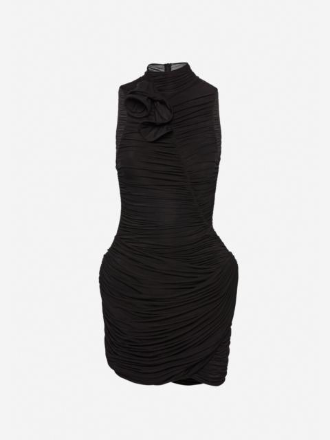 High-neck draped mini dress in black