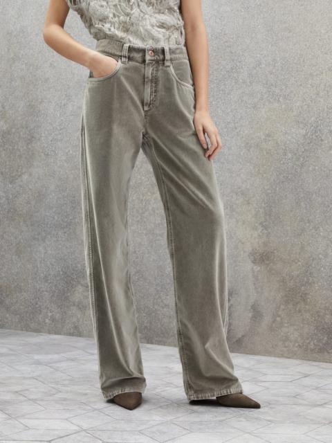 Garment-dyed five-pocket loose trousers in cotton velvet with monili