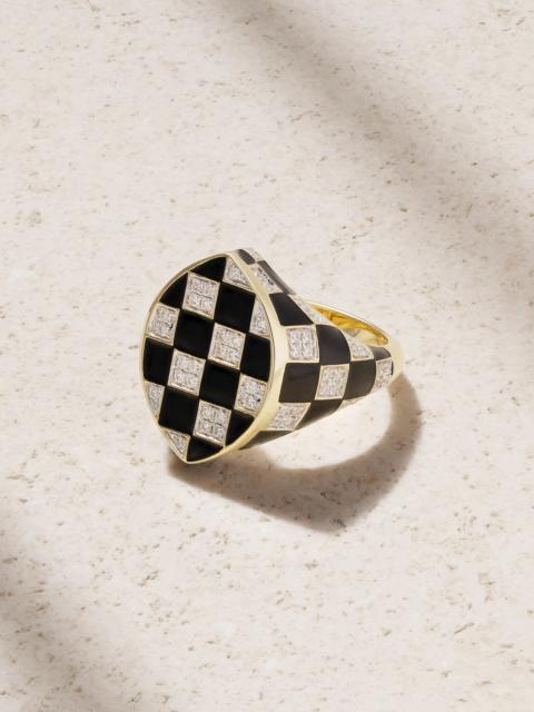 Chevalière Marquise Damier 9-karat gold, diamond and enamel ring Black