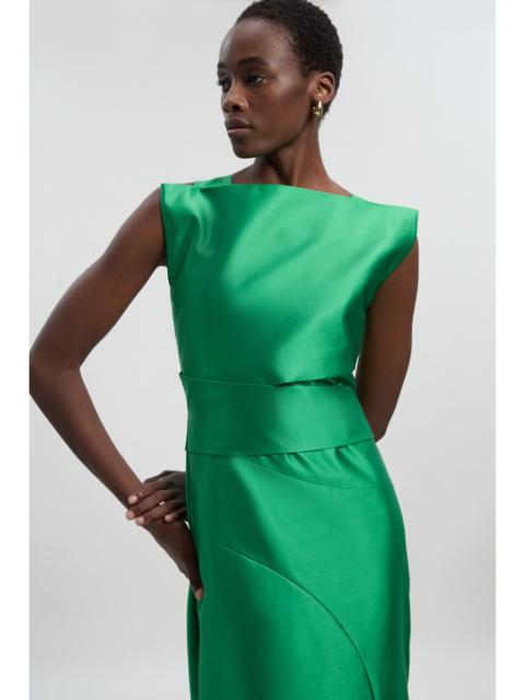 Satin Twill Draped Waist Structured Tailored Maxi Dress