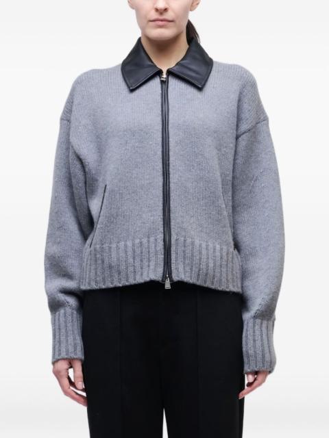 zip-up leather-collar cardigan